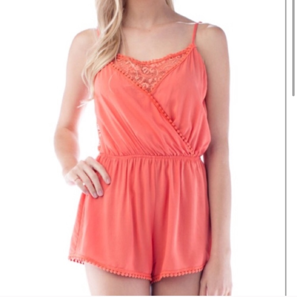 Coral Lace Surplice Spaghetti Strap Romper